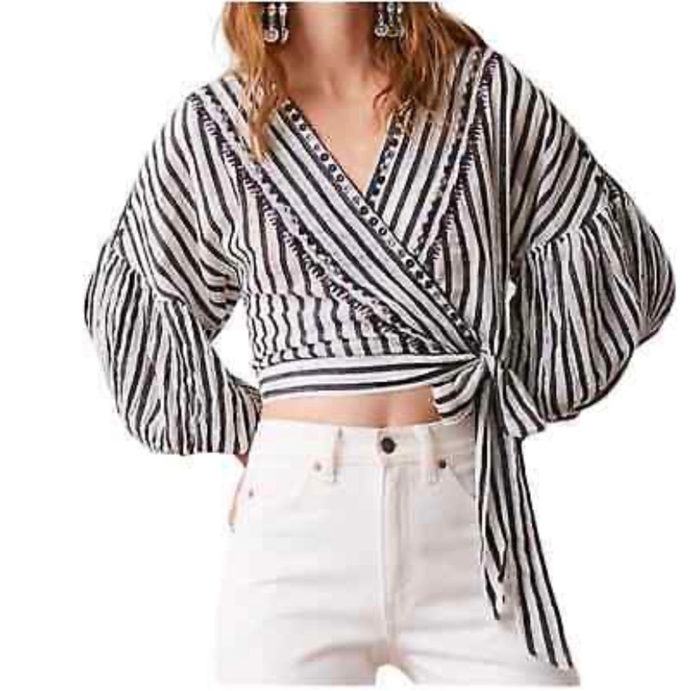 Free People Barcelona nights Striped Waist Tie Woven Blouse Size XSmall